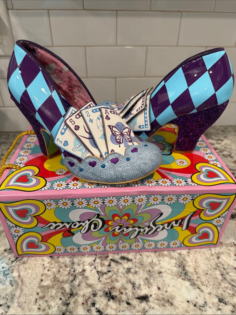 Irregular Choice Purple & Light Blue Harlequin Heels with Card Detail